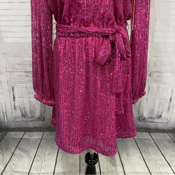 LDT Size 6 Pink Sequined Long Sleeve Short Dress Belted Pockets Cocktail A-Line - Picture 7 of 16